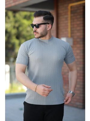 Erkek Bisiklet Yaka Örgü Desenli Kısa Örme Triko Kısa Kollu T-Shirt