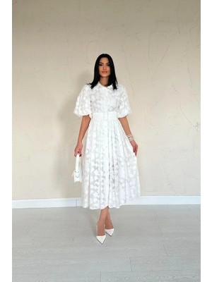 Fy Butik Ekru Kemerli Balon Kollu Elbise