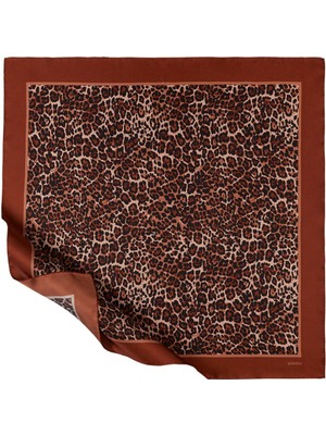 Bakır Bordürlü Leopar Desenli Tivil Ipek Eşarp