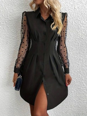 Fy Butik Kadın Uzun Puantiyeli Tül Kol Gömlek Yakalı Önden Düğmeli Ithal Krep Elbise