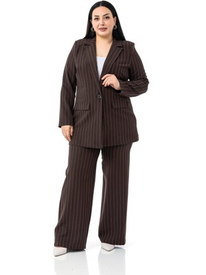 Büyük Beden Çizgili Kahverengi Ceket Pantolon Ikili Takım