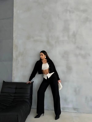 Fy Butik Keten Gömlek-Crop-Salaş Pantolon Takım - Siyah