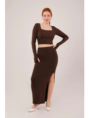 Fy Butik Kare Yaka Bluz ve Yırtmaç Detaylı Etek Ikili Kahverengi Takım