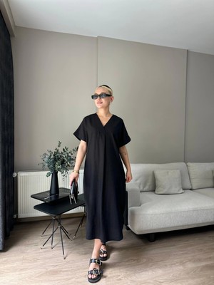 Kadın Keten Elbise Siyah