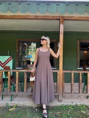 Kadın Kalın Askılı Elbise Kahverengi