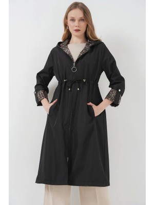 9091 Beli Büzgülü Kapşonlu Trençkot - Düz Siyah