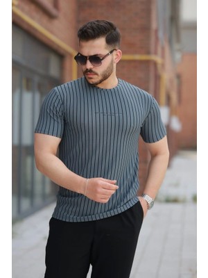 Fy Butik Erkek Dikey Çizgili Ottoman Kumaş Kısa Kollu T-Shirt