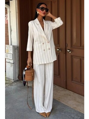 Blazer Ceketli Çizgili Keten Takım 10186