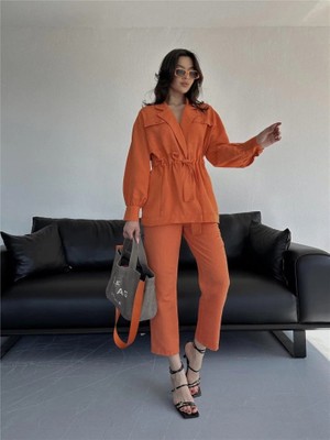 Fy Butik Bel Büzgü Detaylı Pantolon - Ceket Takım Keten - Turuncu