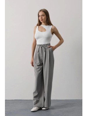 Pileli Bağcıklı Oversize Pantolon - Gri