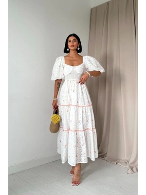 Pudra Dantel Detaylı Brode Elbise