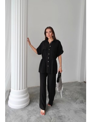 Keten Belden Büzgü Detaylı Gömlek - Pantolon Takım - Siyah