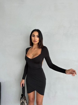 Fy Butik Kadın Uzun Kollu Göğüs ve Sırt Dekolteli Kruvaze Etek Detay Fırsat Ürün Mini Elbise