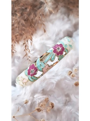 Kalın Çiçekli Renkli Saten Mineli Pirinç Kaplama Zamak Bileklik