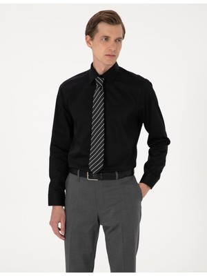 Pierre Cardin Erkek Siyah %100 Pamuk Parlak Saten Slim Fit Uzun Kollu Basic Gömlek 50305127-VR046
