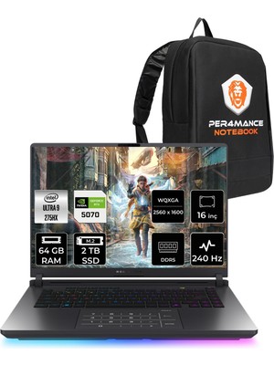 Asus Rog Strix G16 Intel Core Ultra 9 275HX 64GB 2tb SSD RTX5070/8GB 115W 16" Qhd+ 240Hz Freedos Taşınabilir Bilgisayar & Per4 Çanta G615LPS5114WP334