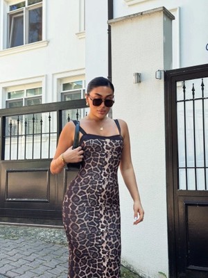 Fy Butik Kadın Dalgıç Kumaş Dijital Leopar Baskılı Midi Boy Elbise