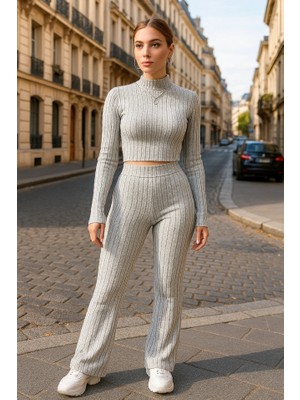 Fy Butik Kadın Uzun Kollu Balıkçı Yaka Krop ve Pantolon Şardonlu Kaşkorse Ikili Takım