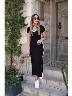 Fy Butik Kadın Kısa Kollu V Yakalı Yandan Şerit ve Yırtmaçlı Viskon Uzun Elbise