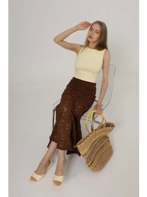 Fy Butik Bel Lastikli Dantel Etek - Kahve