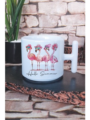 Hello Summer Pembe Flamingolar Baskılı T Kulplu Latte Fincanı Kupa Bardak
