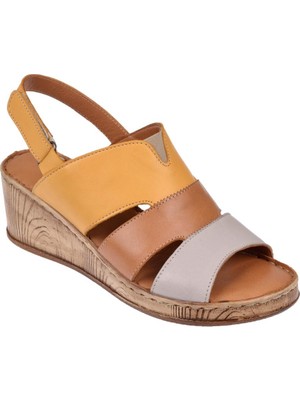 Pullman Hakiki Deri Comfort Kadın Sandalet Plm-01   Sarı Multi