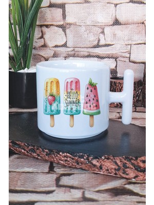 Hello Summer Dondurma Baskılı T Kulplu Latte Fincanı Kupa Bardak