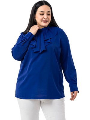 Büyük Beden Yakası Tek Kat Volanlı Manşetli Saks Mavi Bluz