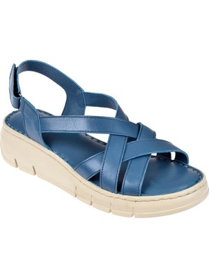 Pullman Hakiki Deri Comfort Kadın Sandalet PLM-2426   Kot Mavi