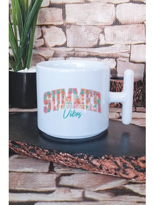 Summer Vibes Turkuaz Yaz Temalı Baskılı T Kulplu Latte Fincanı Kupa Bardak