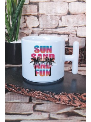 Sun Sand And Fun Baskılı T Kulplu Latte Fincanı Kupa Bardak