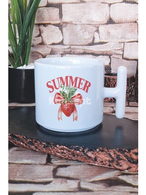 Summer Vibes Çilek Baskılı T Kulplu Latte Fincanı Kupa Bardak