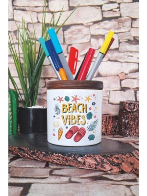 Beach Vibes Sahil Kum Terlik Baskılı Seramik Kalemlik Masaüstü Düzenleyici
