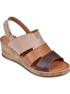 Pullman Hakiki Deri Comfort Kadın Sandalet Plm-01   Bej Multi