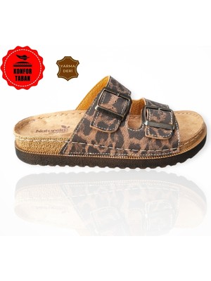 Anatomik Comfort Deri Taban Luxury Leopar Motifli Günlük Terlik