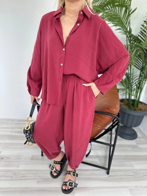 Kadın Gömlek Pantolon Takım Bordo