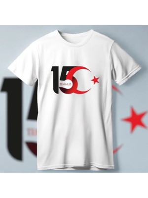 15 Temmuza Özel Tasarım Ay Yıldız Baskılı T-Shirt - Beyaz