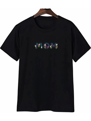 Anneler Gününe Özel Tasarım Mom Çiçek Baskılı T-Shirt - Siyah