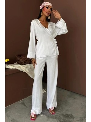 Fy Butik Kruvaze Model Klasik Pantolonlu Çupra Keten Takım 10191