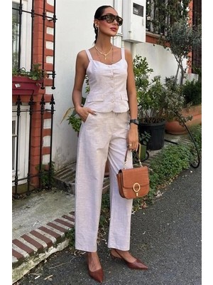 Fy Butik Kalın Askılı Bluz Pantolon Keten Takım 10187