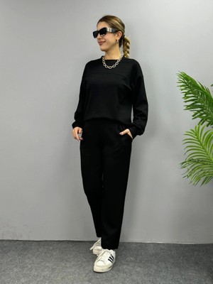 Kadın Uzun Kollu Bisiklet Yaka Viskon Iki Iplik Bluz ve Pantolon Ikili Takım