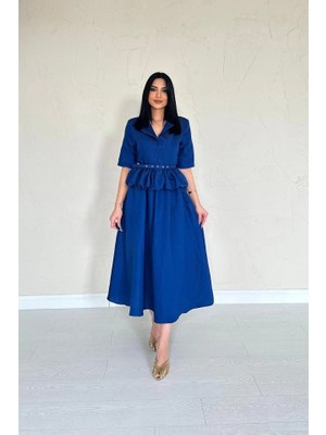 Fy Butik Lacivert Ince Kemerli Fırfırlı Ceket ve Büzgülü Etek Takım