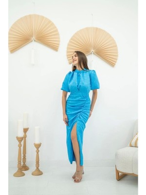 Fy Butik Mavi Jakarlı ve Desenli Elbise