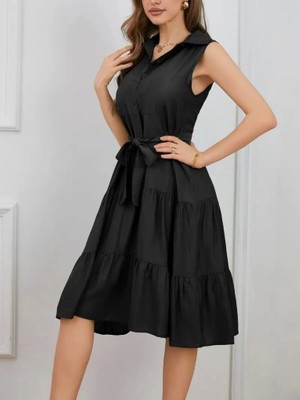 Fy Butik Kadın Kısa Kollu Gömlek Yaka Düğmeli Beli Kuşaklı Katlı Dokuma Midi Elbise