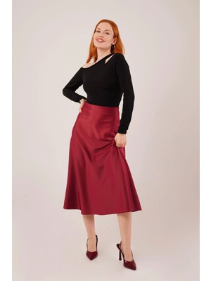 Fy Butik Çan Kesim Midi Bordo Saten Etek