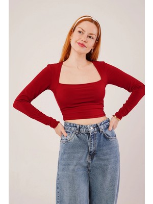 Fy Butik Kare Yaka Basic Bordo Bluz