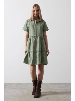 Kısa Kol Düğmeli Elbise - Haki