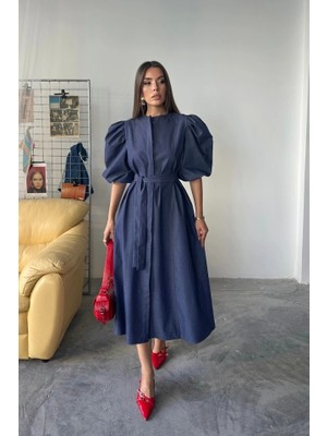 Tencel Karpuz Kol Elbise - Indigo