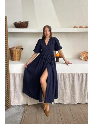 Lacivert Müslin Uzun Elbise