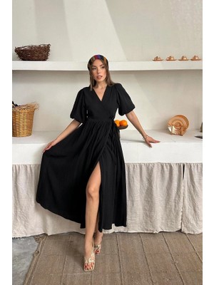 Fy Butik Siyah Müslin Uzun Elbise
